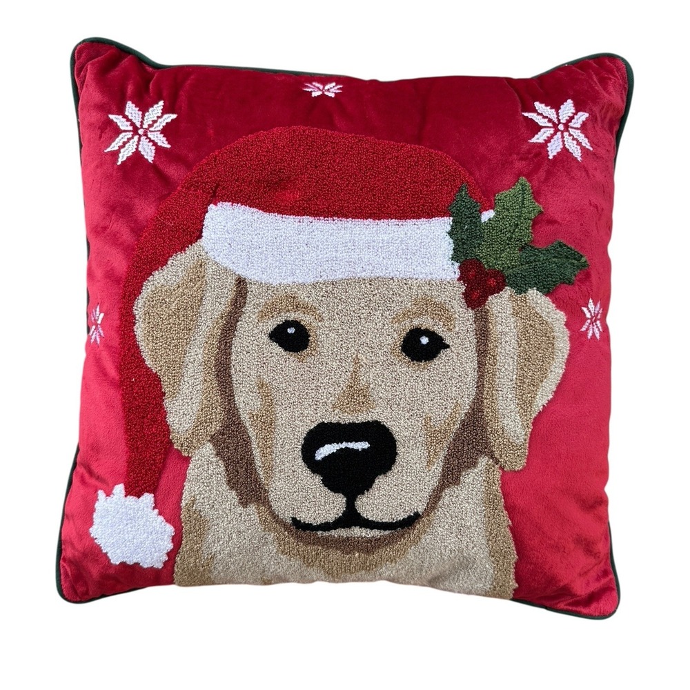 CF Enterprises Christmas Pillow 17 Inch‎ Golden Retriever Dog Hooked Embroidered